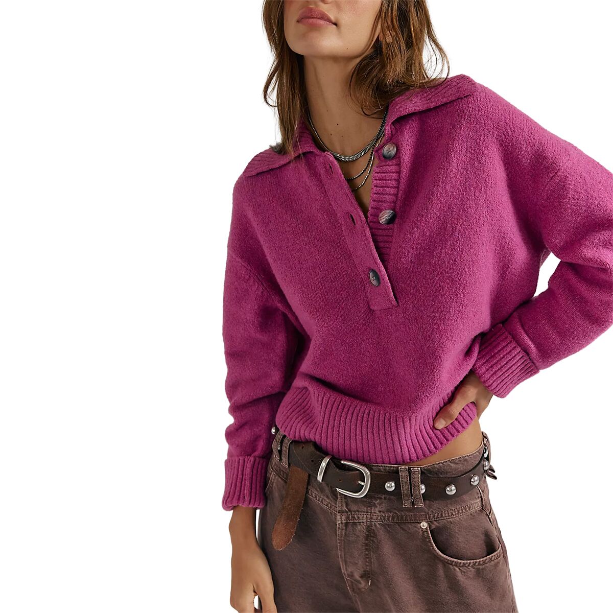 Image of Free People Trading Up Polo - Women's Magenta Haze Melange, XL