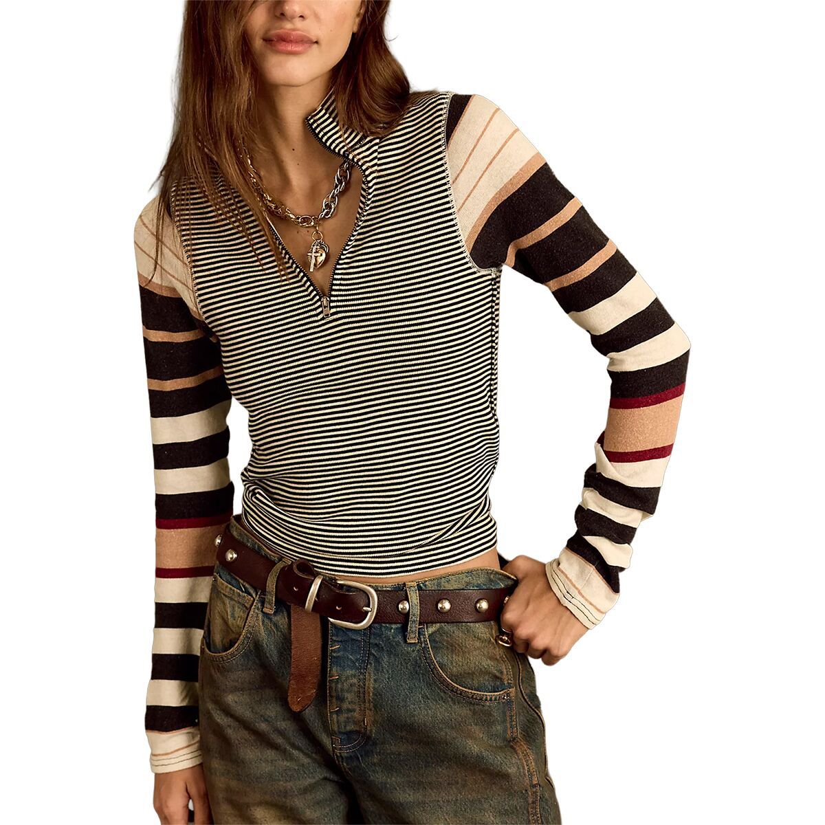 Image of Free People Avery Zip Up Top - Women's Black Combo, S