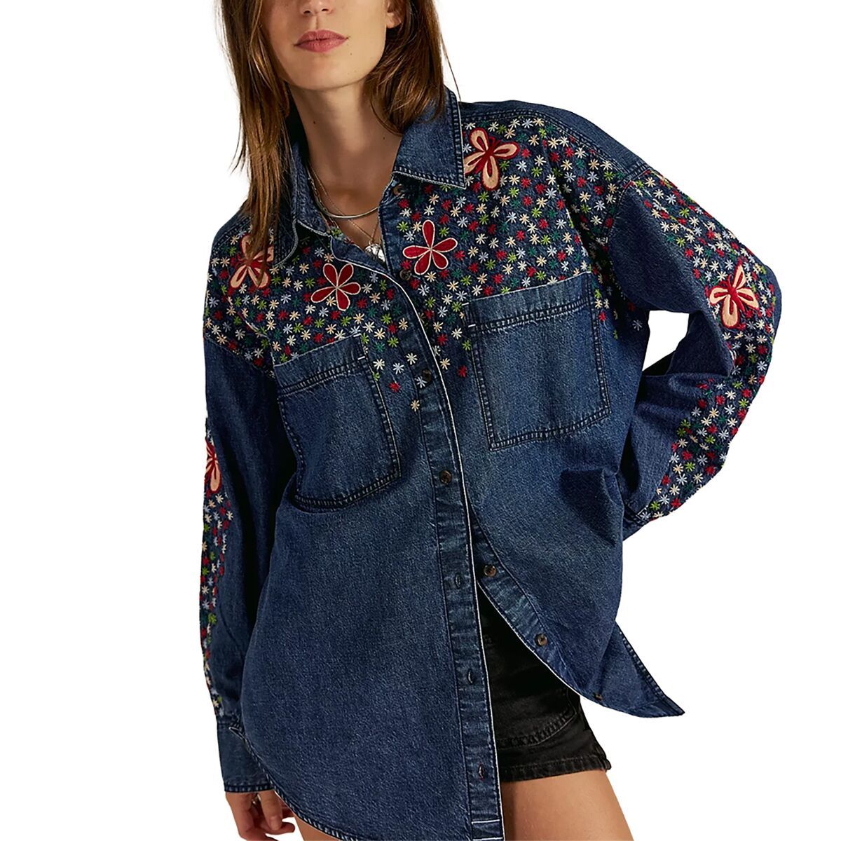 Free People Rainbow Embroidered Denim Shirt - Women