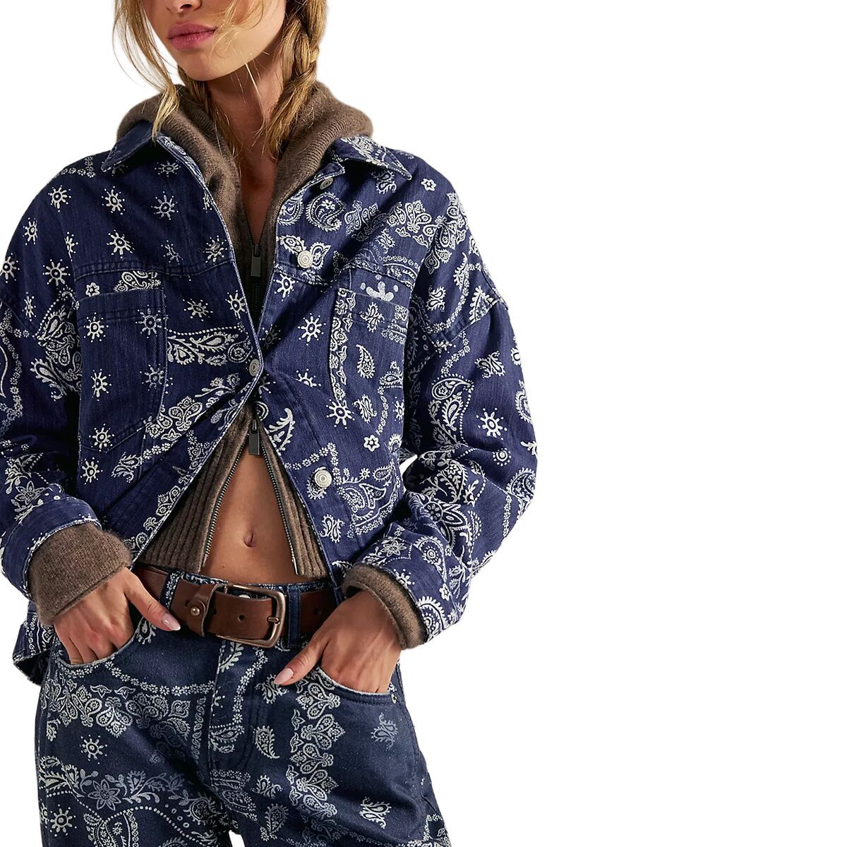 Image of Free People Opal Swing Printed Denim Jacket - Women's Navy Combo- Bandana, XS