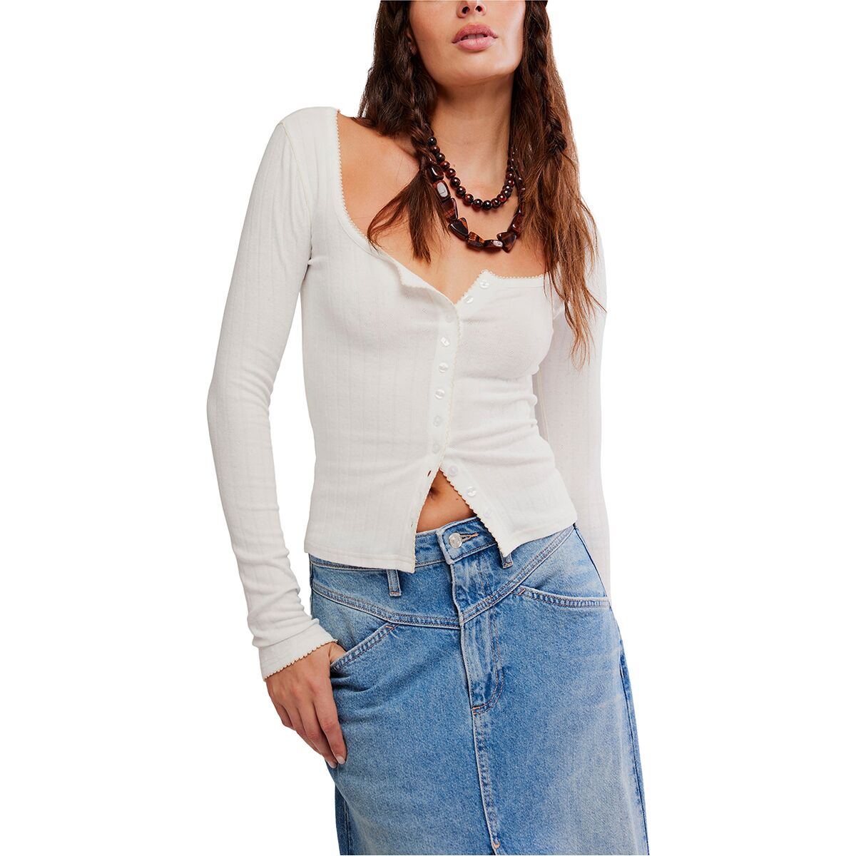 Image of Free People End Game Pointelle Long-Sleeve Top - Women's Sugar Swizzle, M