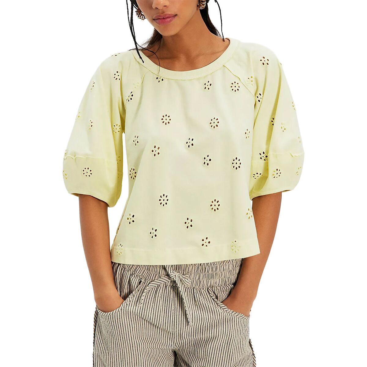 Image of Free People Jessie Eyelet T-Shirt - Women's Lemon Water Combo, XS