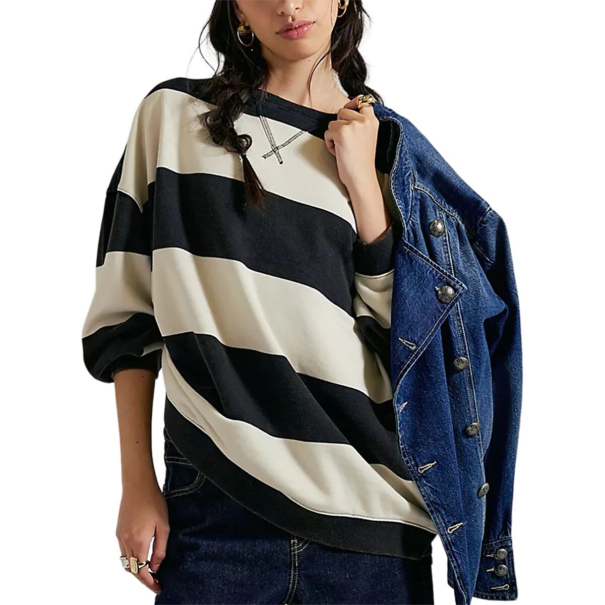 Image of Free People Classic Stripe Crew Wide Sweatshirt - Women's Black Combo, L