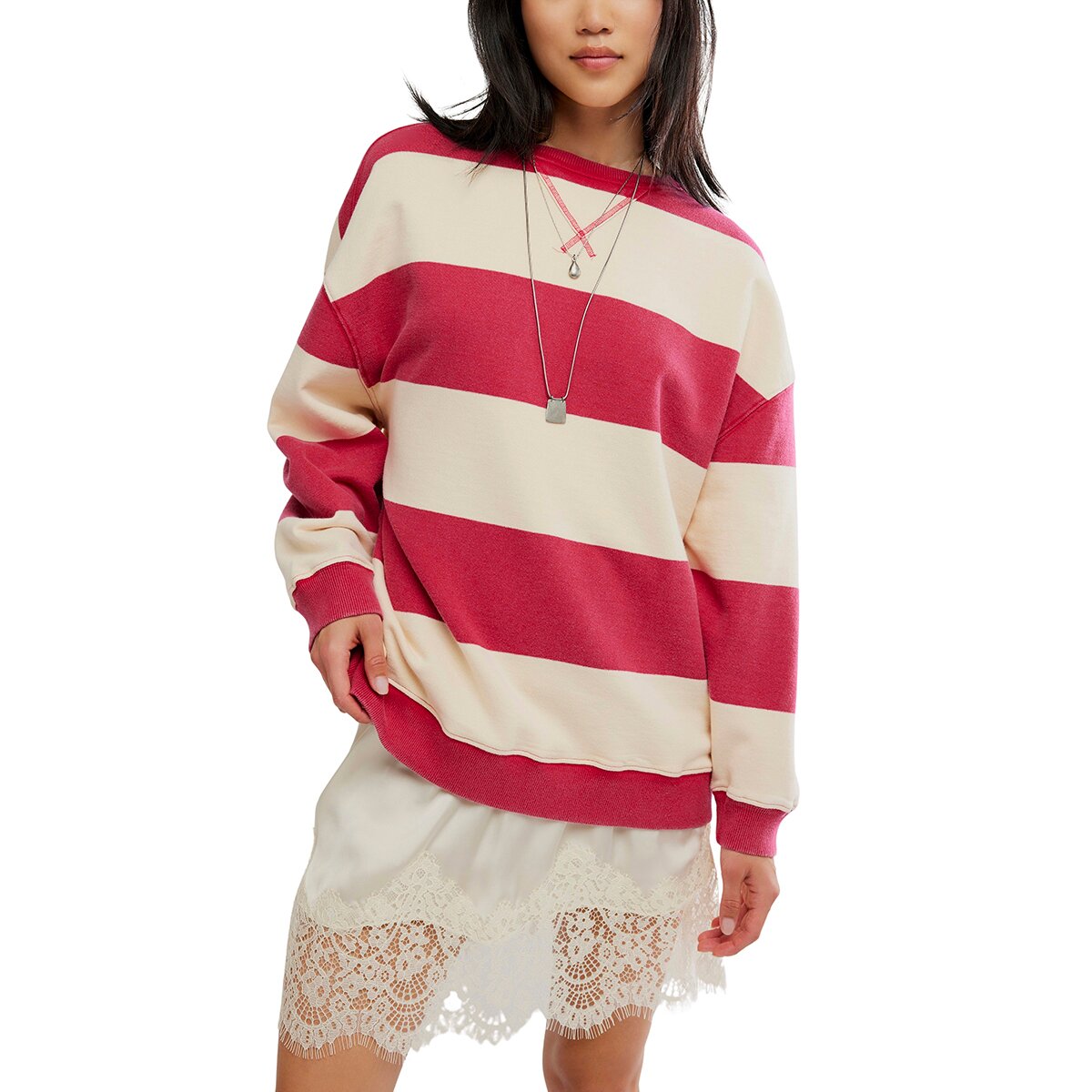Image of Free People Classic Stripe Crew Wide Sweatshirt - Women's Cherry Combo Wide, XS