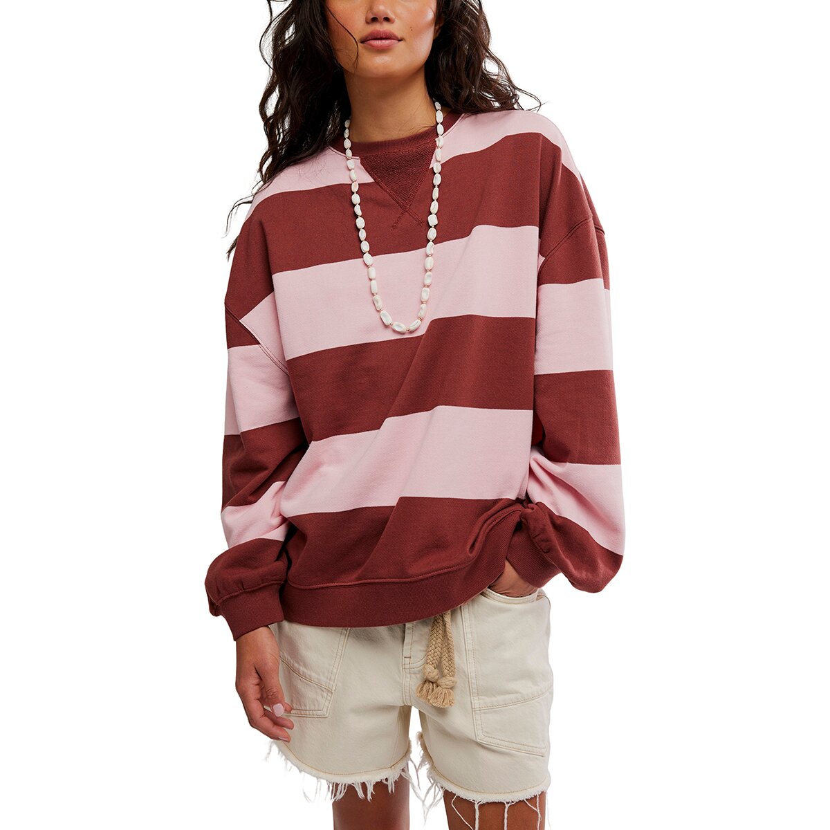 Image of Free People Classic Stripe Crew Wide Sweatshirt - Women's Strawberry Wine Comb, S