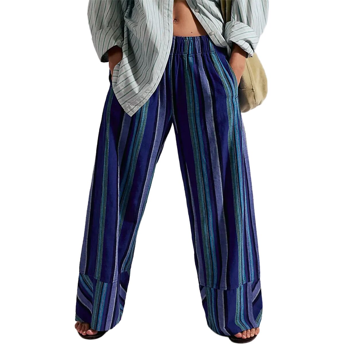 Image of Free People Days End Solar Linen Stripe Pant - Women's Navy Combo, XS
