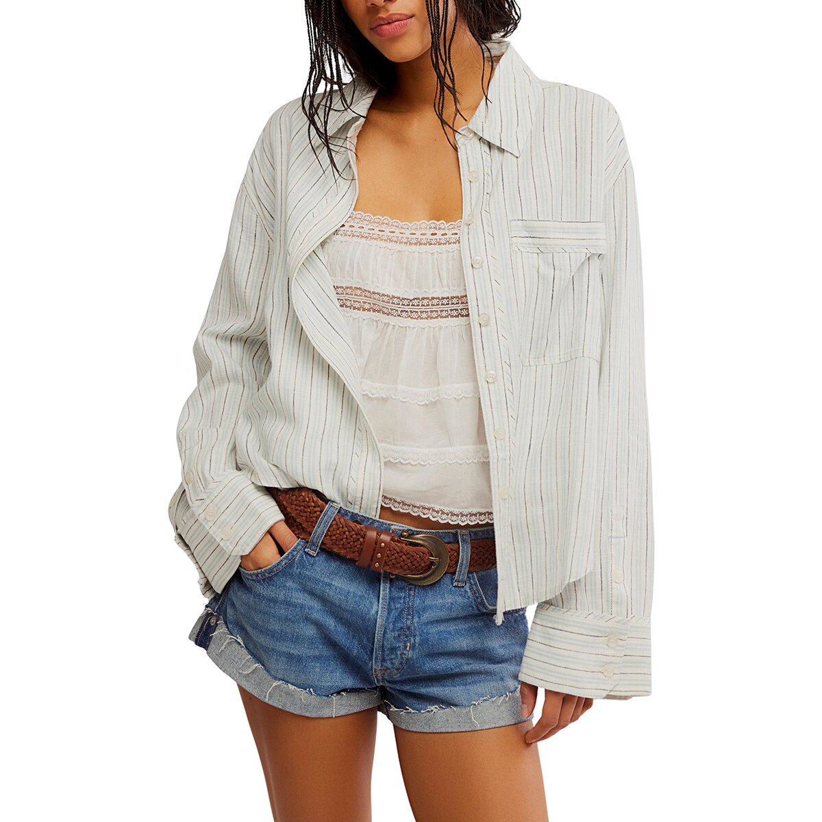 Image of Free People Striped Linen Laurel Shirt - Women's Ivory Combo, L