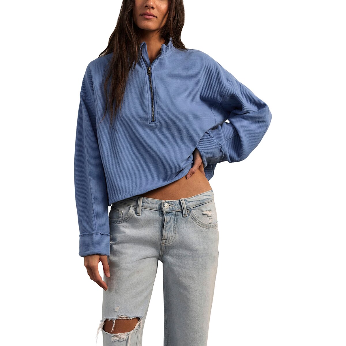 Image of Free People Celeste 1/4-Zip Pullover - Women's Blue Riviera, XS