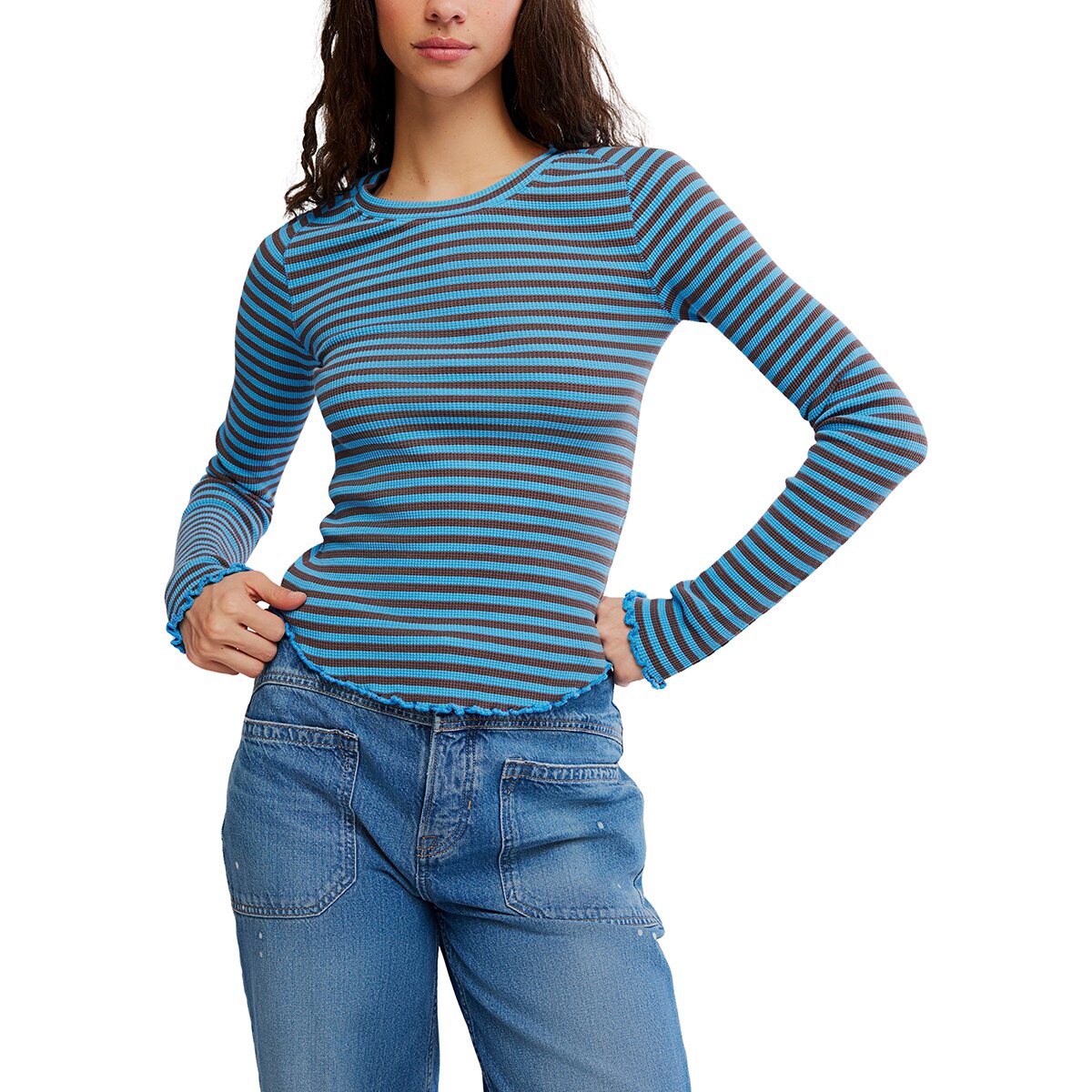 Image of Free People Easy Does It Striped Long-Sleeve T-Shirt - Women's Blue Combo, XS