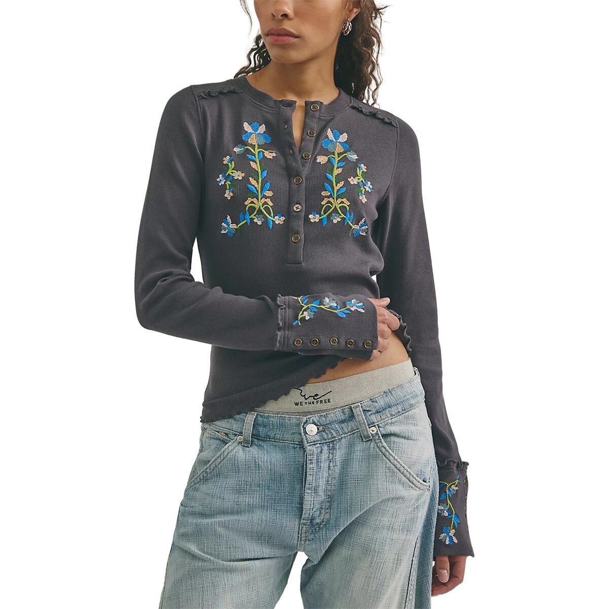 Image of Free People Fleur Embroidered Cuff Shirt - Women's Graphite Combo, M