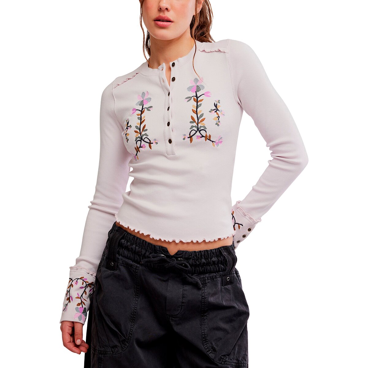Image of Free People Fleur Embroidered Cuff Shirt - Women's Lavender Combo, S