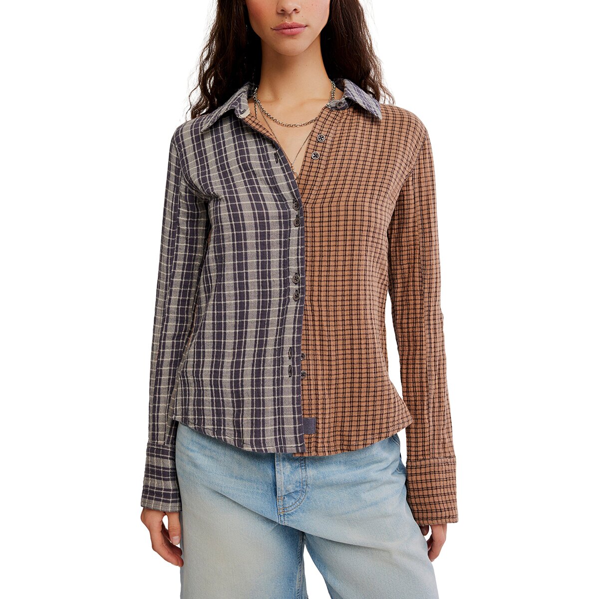 Image of Free People Benny Slim Yd Plaid Shirt - Women's Brown Combo, S