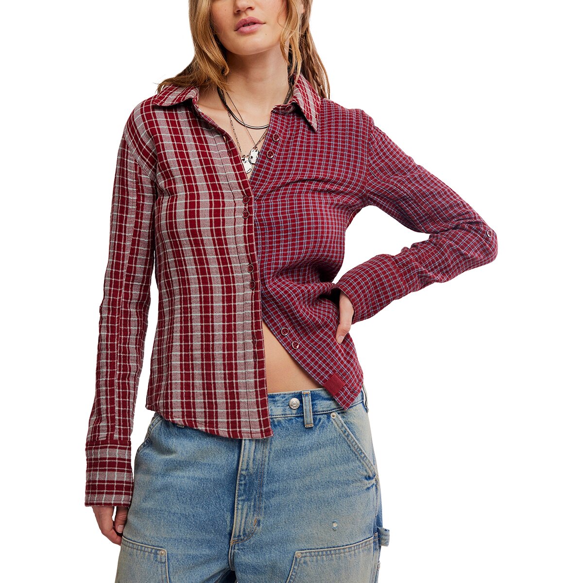 Image of Free People Benny Slim Yd Plaid Shirt - Women's Rusty Red Combo, M