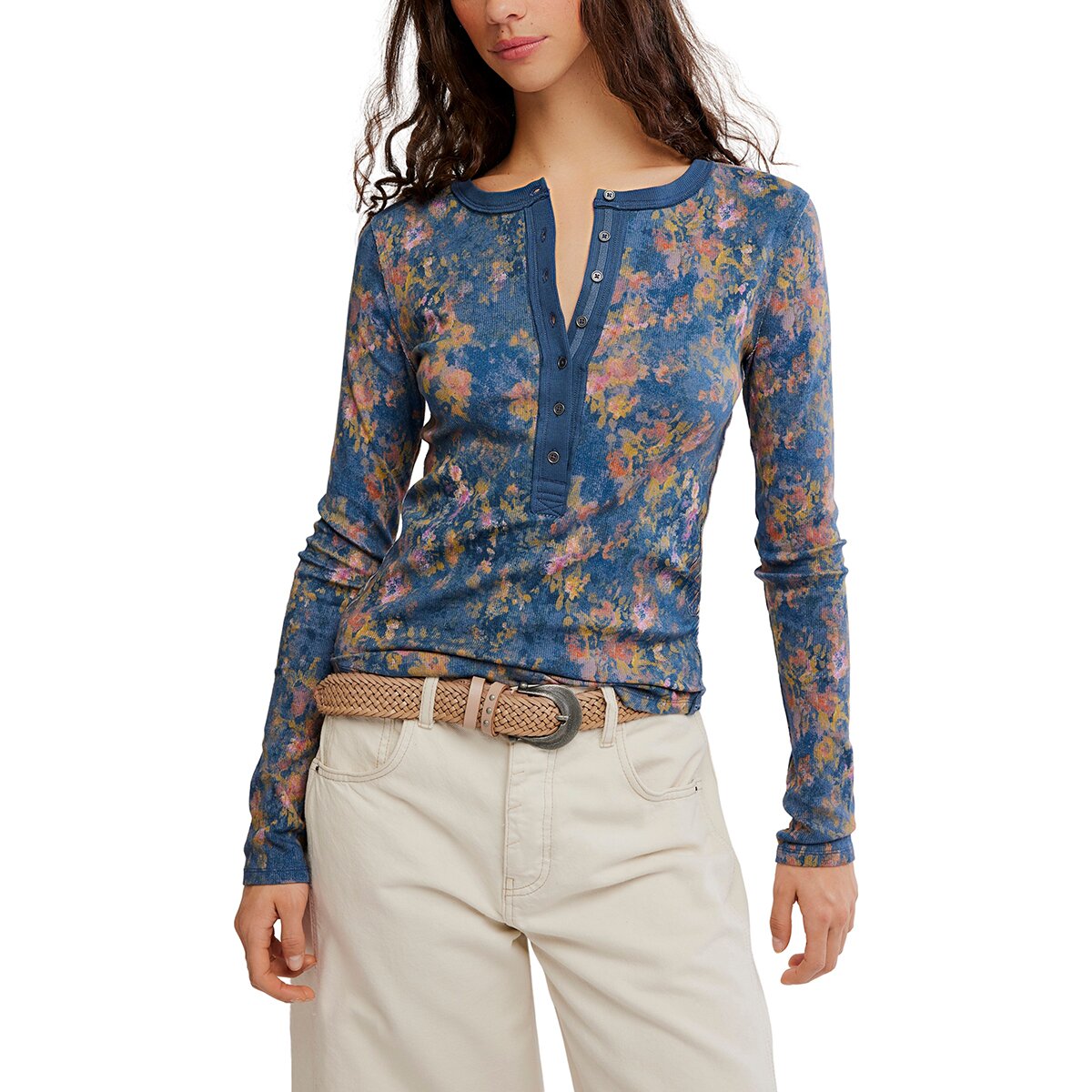 Image of Free People Jamie Printed Henley - Women's Floral Haze/Navy C, XL