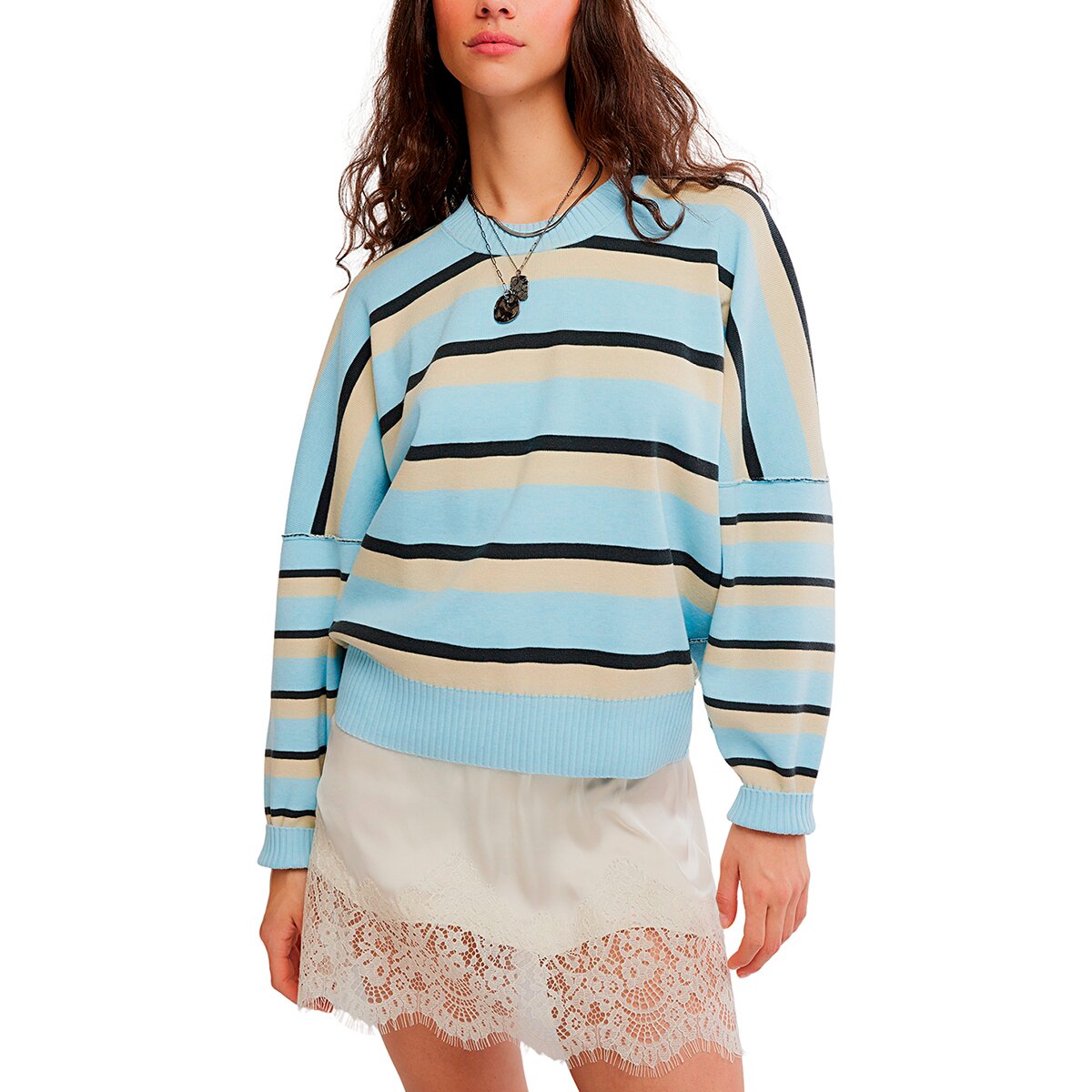 Image of Free People Stripe Muse Pullover - Women's Ice Blue Combo, XS