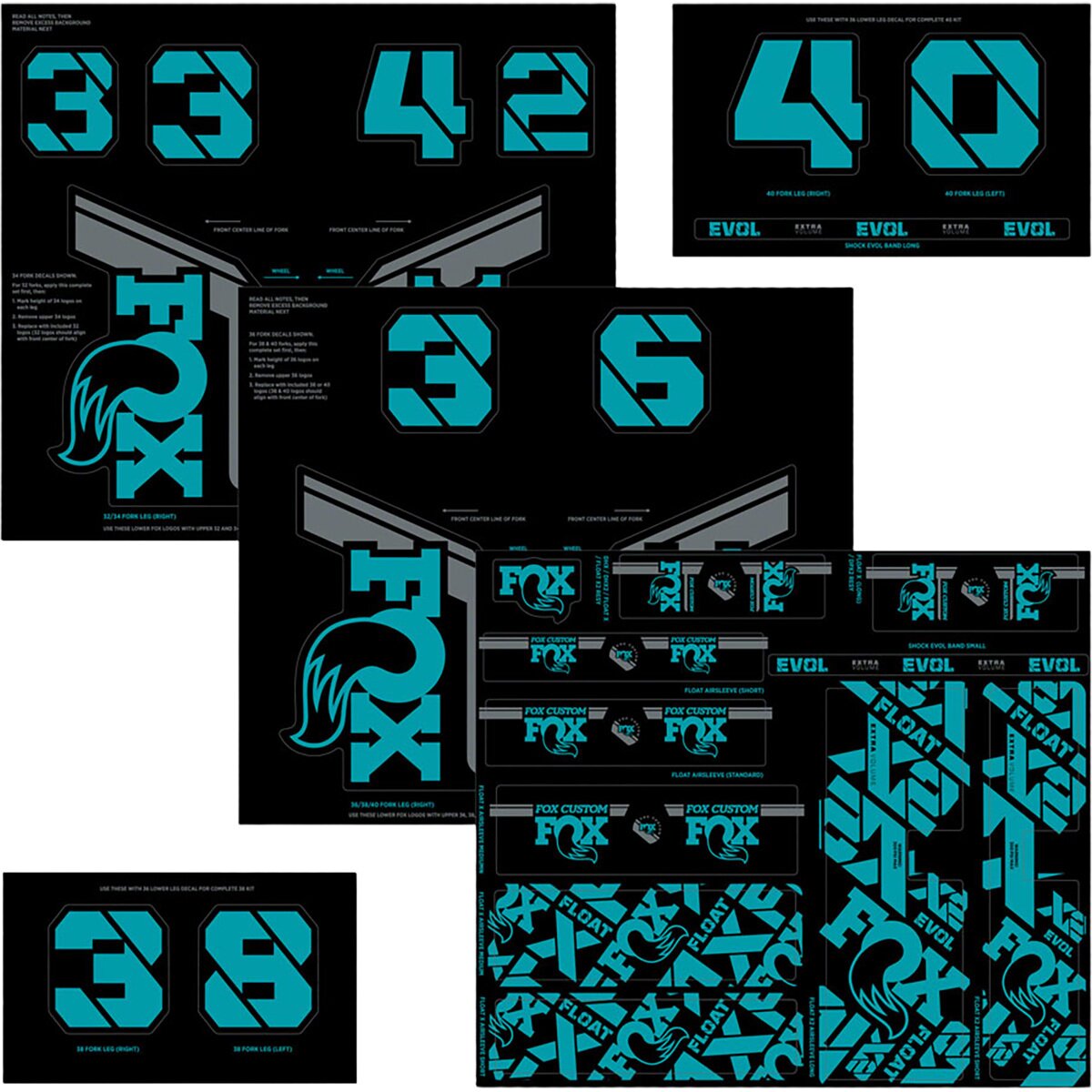 Image of FOX Racing Shox Fork and Shock Decal Kit Turquoise, One Size