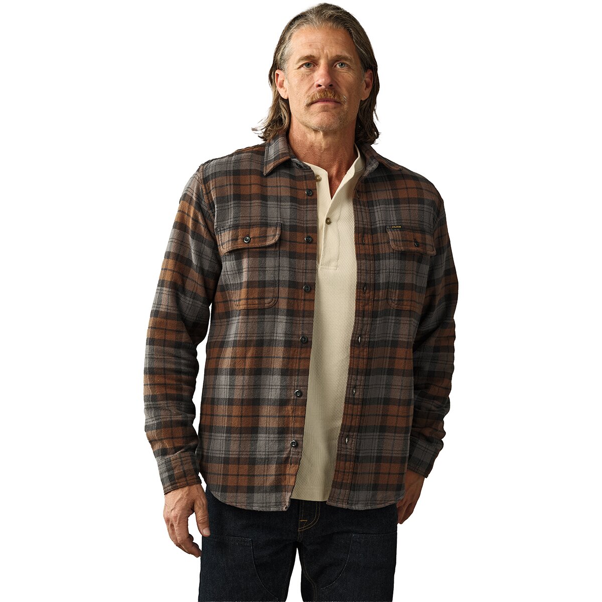 Image of Filson Vintage Flannel Work Shirt - Men's Brown/Charcoal Plaid, XXL