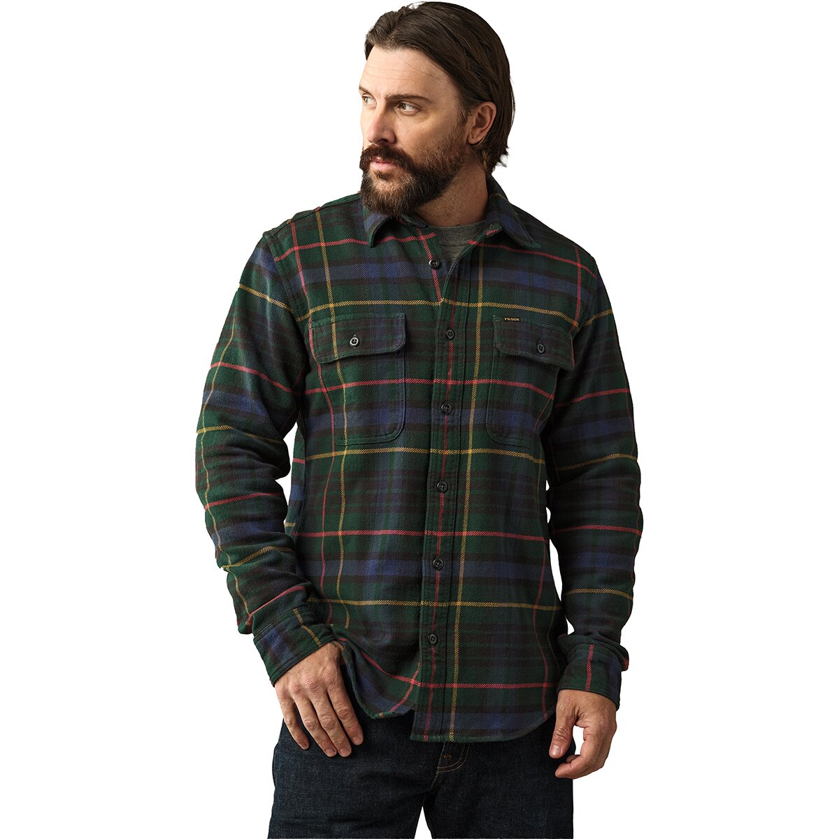 Image of Filson Vintage Flannel Work Shirt - Men's Green/Navy Plaid, S