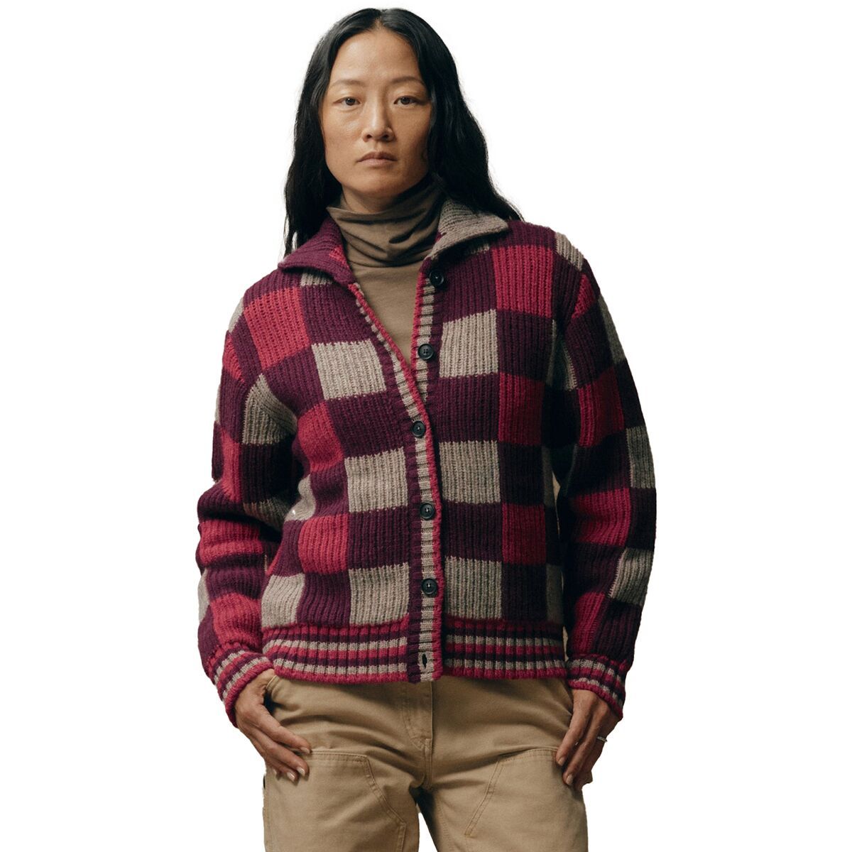 Image of Filson Checkered Wool Cardigan - Women's BurgndyGry, S