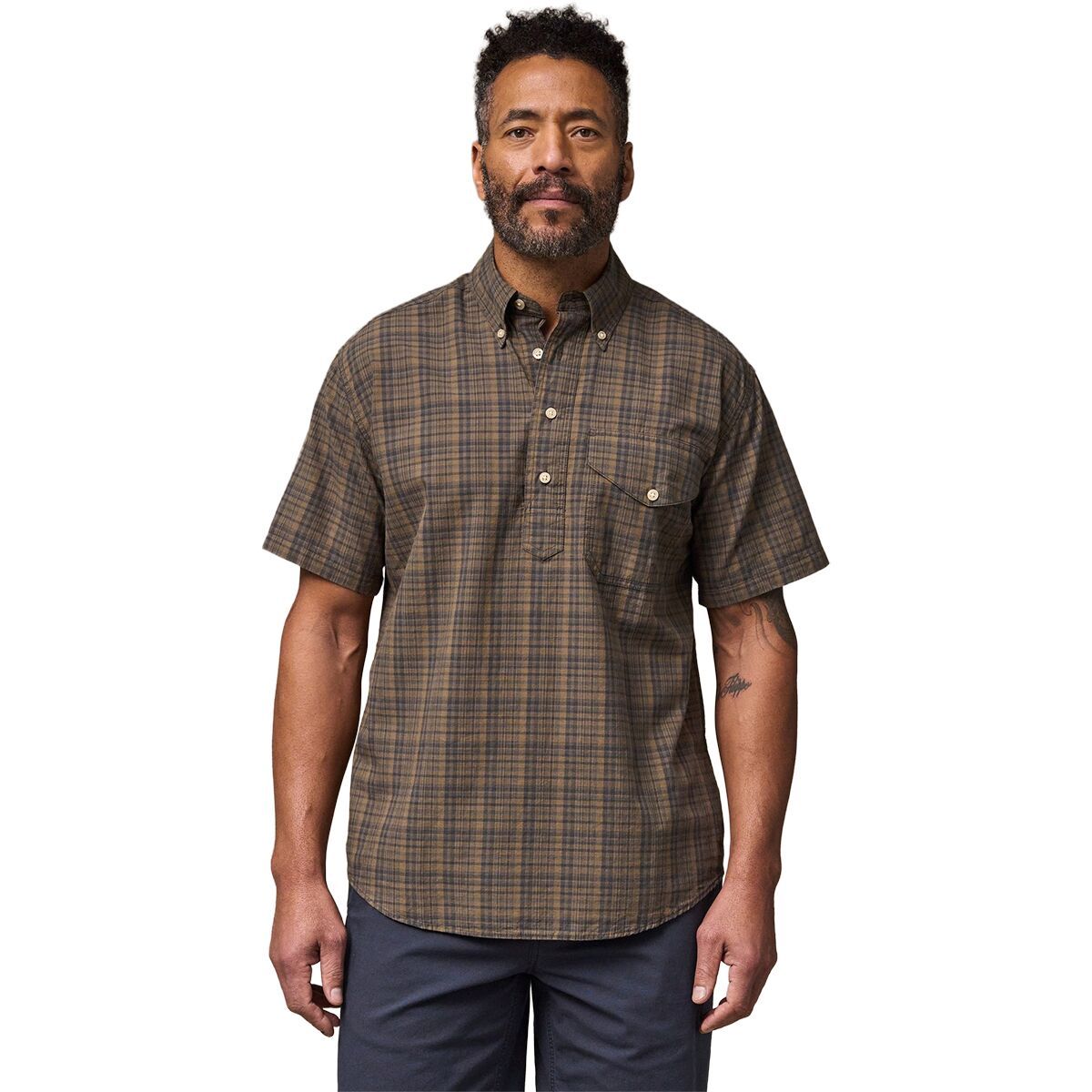 Image of Filson Madras Short-Sleeve Popover Shirt - Men's Brown/Olive Plaid, L