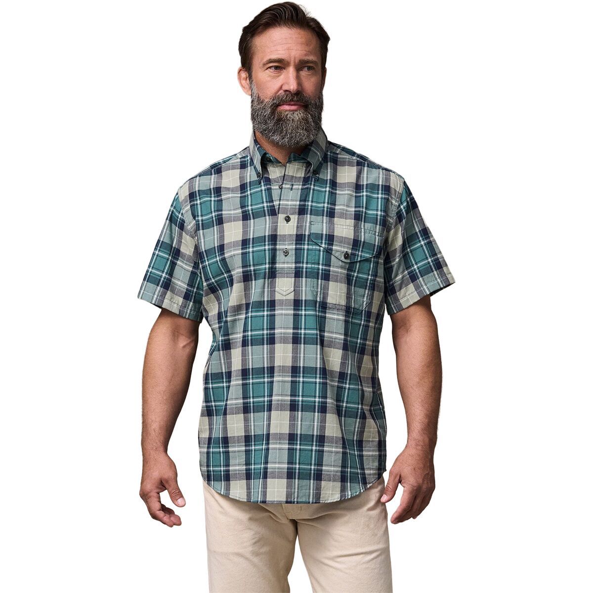 Image of Filson Madras Short-Sleeve Popover Shirt - Men's Gray/Teal Multicolor, M