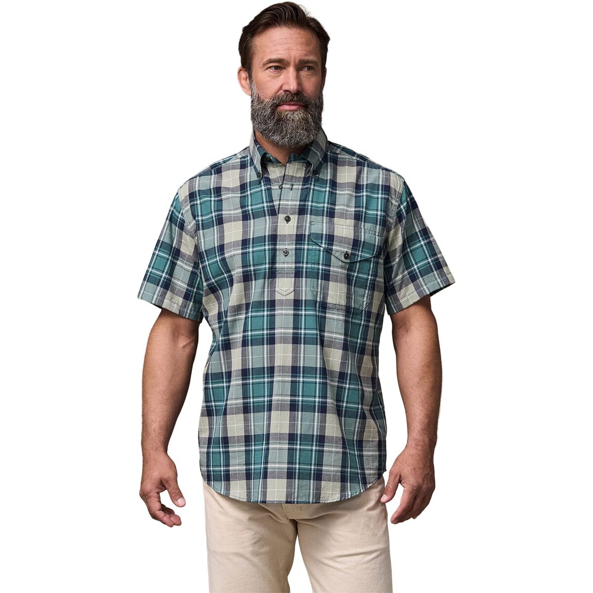Image of Filson Madras Short-Sleeve Popover Shirt - Men's Gray/Teal Multicolor, XXL