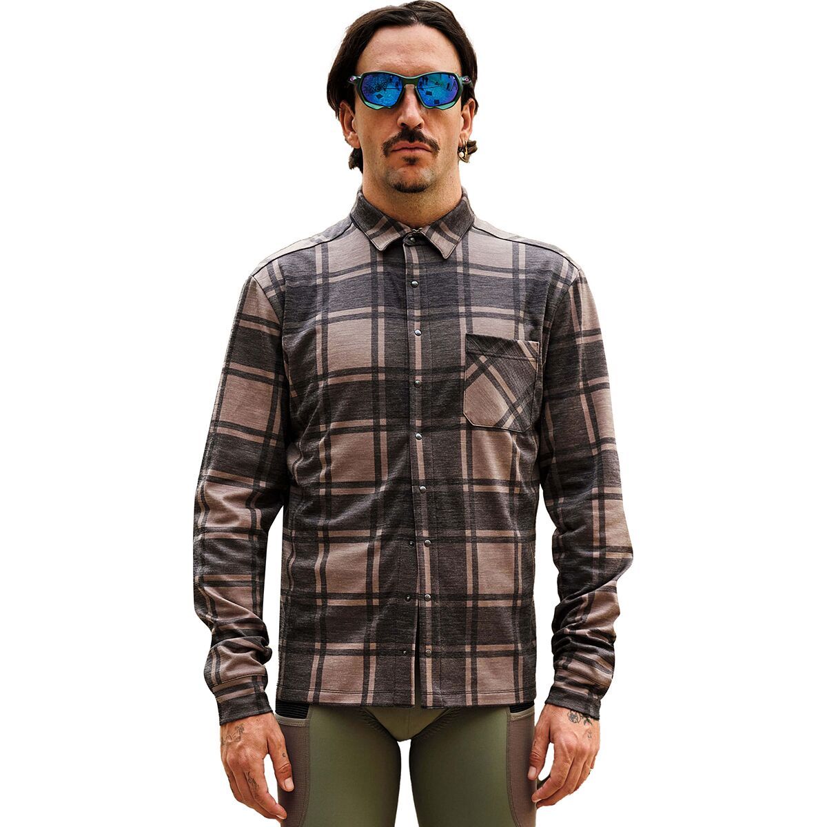 Giordana Beyond Gravel Button Down Wool Long-Sleeve Shirt Olive Plaid, L