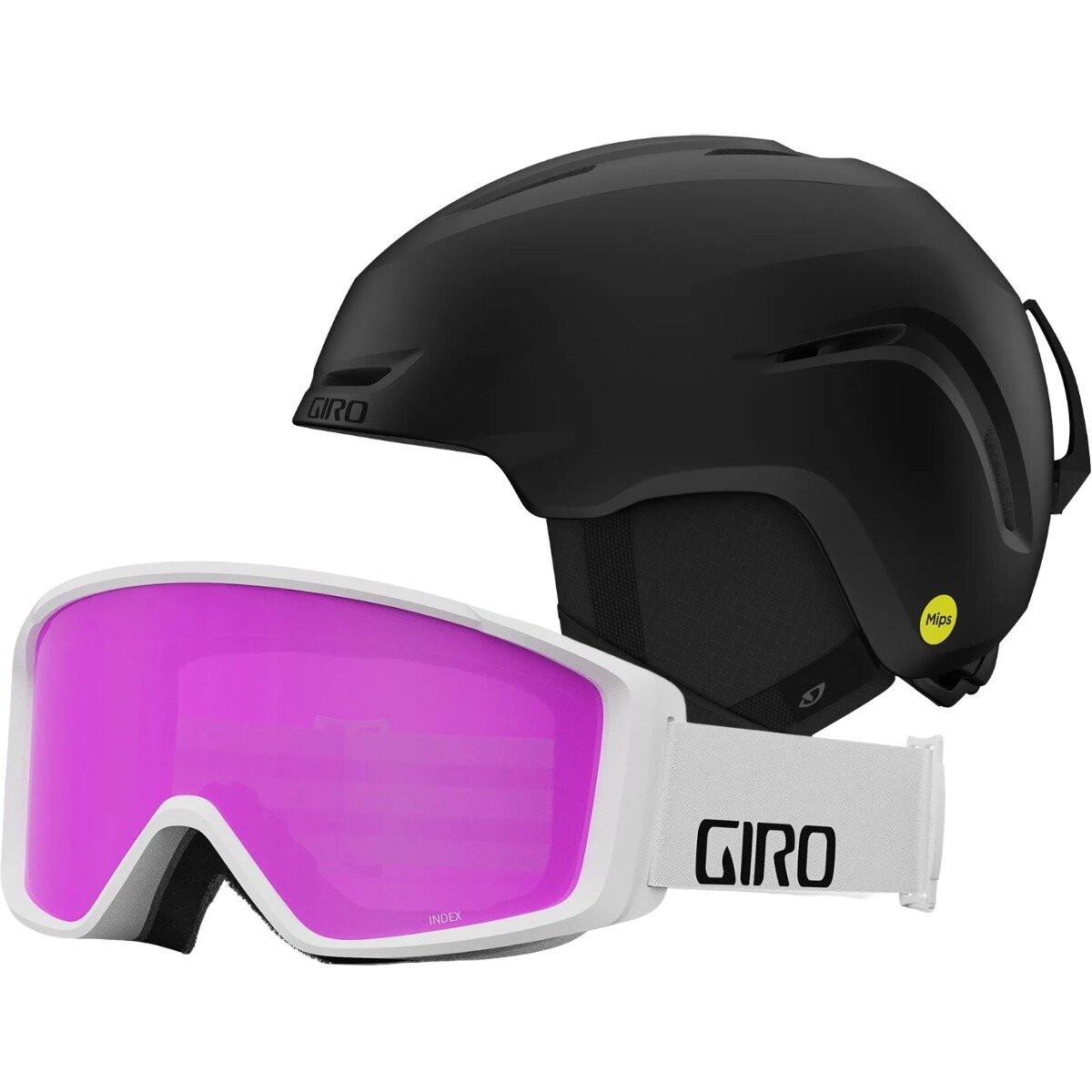 Giro Sario MIPS Helmet + Index 2.0 Goggle Mt Blk/Wht Wdmk/Amb Pnk, S/OS