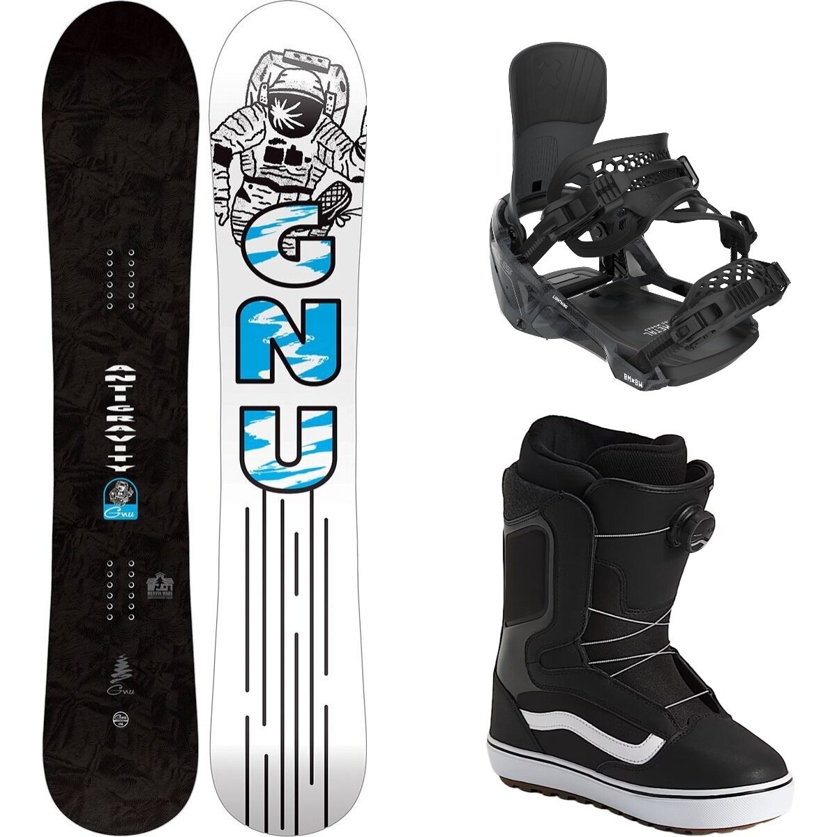 Image of Gnu Antigravity Snowboard + Lightning Binding + Aura OG Boot One Color, Black, Black/White 20, 156cm, L, 11.5