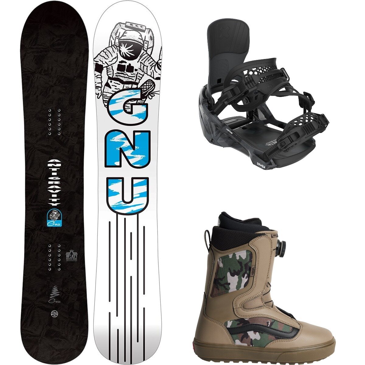 Image of Gnu Antigravity Snowboard + Lightning Binding + Aura OG Boot One Color, Black, Camo/Black, 159cm Wide, M, 10.5