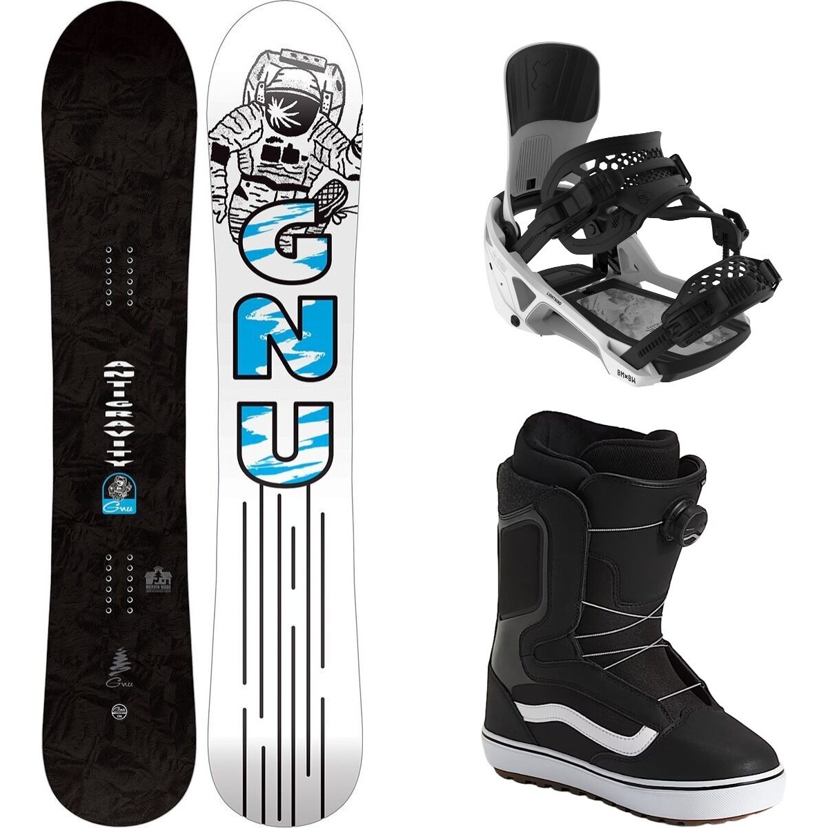 Image of Gnu Antigravity Snowboard + Lightning Binding + Aura OG Boot One Color, White, Black/White 20, 150cm, M, 9.0