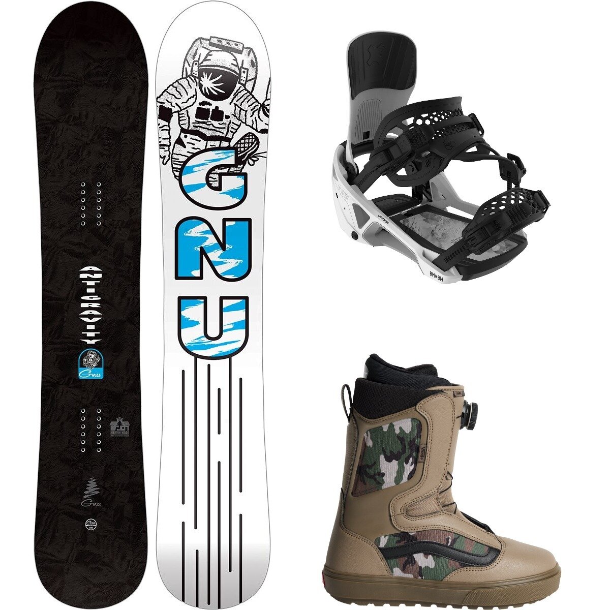 Image of Gnu Antigravity Snowboard + Lightning Binding + Aura OG Boot One Color, White, Camo/Black, 159cm Wide, M, 10.0
