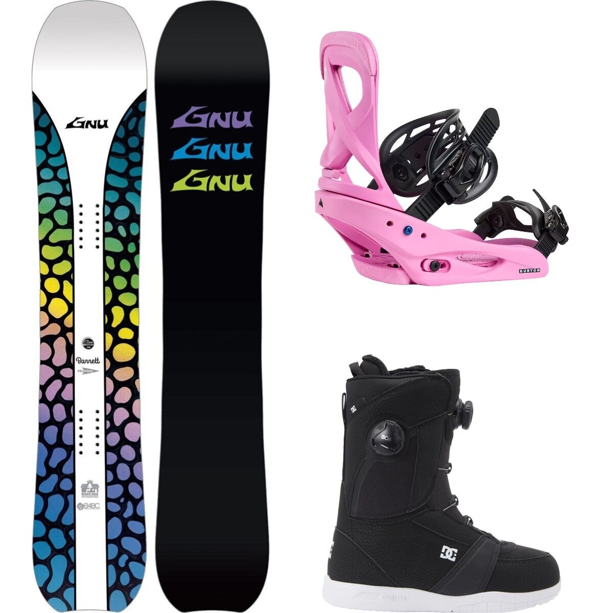 Gnu Gnu Barrett Snowboard + Scribe Re:Flex Binding + Lotus Boot One Color, Fuchsia Pink, Black/White, 152cm, M, 7.0