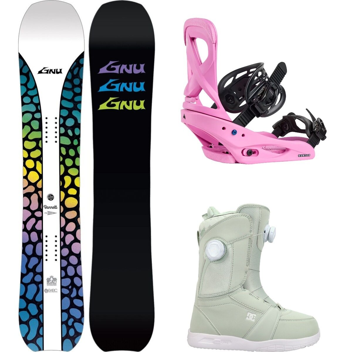 Image of Gnu Barrett Snowboard + Scribe Re:Flex Binding + Lotus Boot One Color, Fuchsia Pink, Mint, 152cm, M, 8.0