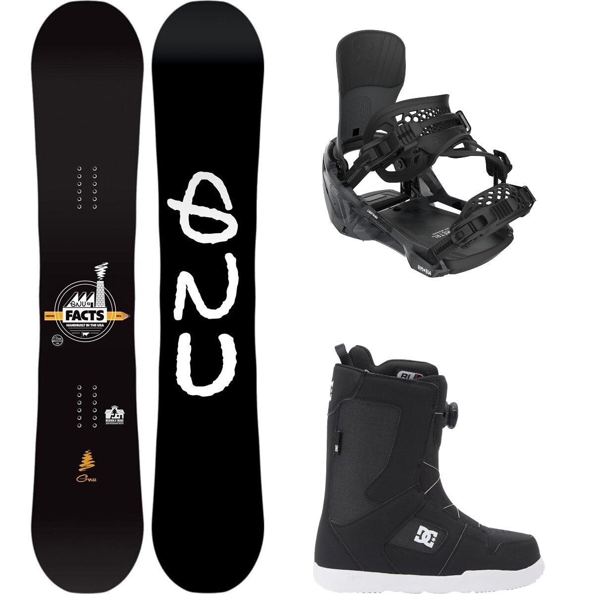 Image of Gnu Facts Snowboard + Lightning Binding + STW Double Boa Boot One Color, Black, Black/White, 150cm, M, 8.0