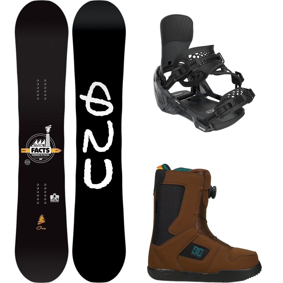 Image of Gnu Facts Snowboard + Lightning Binding + STW Double Boa Boot One Color, Black, Brown/Black/Teal, 147cm, M, 9.0