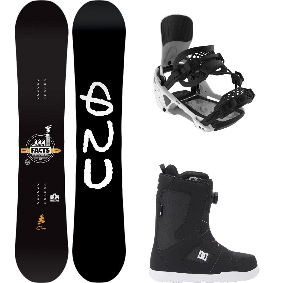 Image of Gnu Facts Snowboard + Lightning Binding + STW Double Boa Boot One Color, White, Black/White, 156cm, M, 8.5