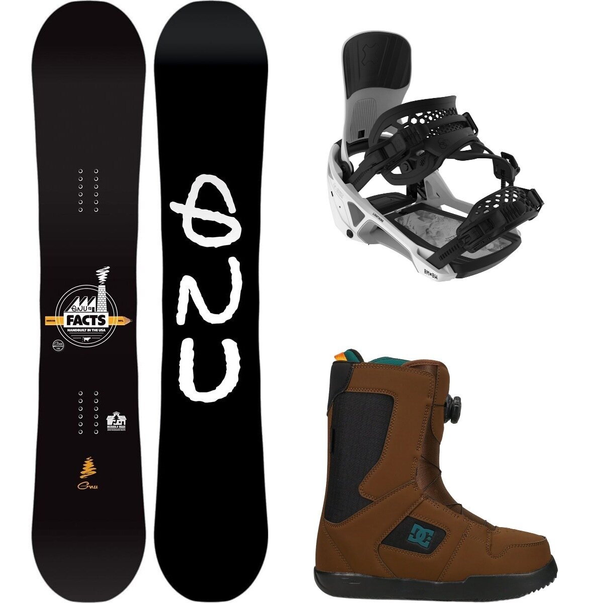 Image of Gnu Facts Snowboard + Lightning Binding + STW Double Boa Boot One Color, White, Brown/Black/Teal, 153cm, M, 11.0