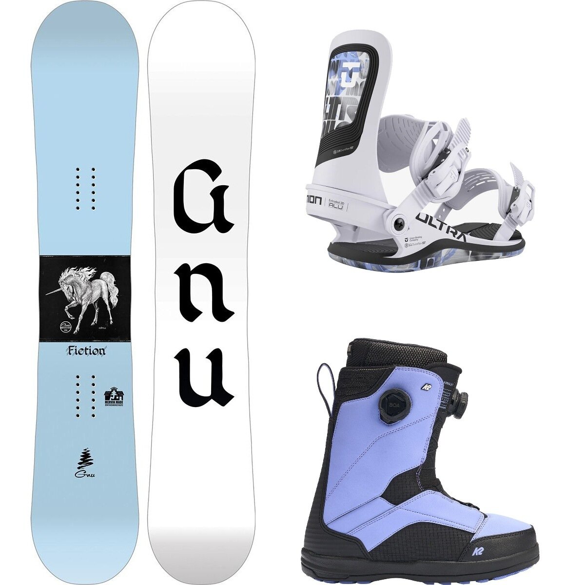 Image of Gnu Fiction Snowboard + Ultra Binding + Kinsley BOA Boot One Color, Ice Grey, Black, 142cm, S, 6.0