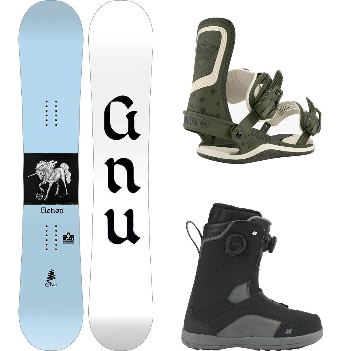 Gnu Gnu Fiction Snowboard + Ultra Binding + Kinsley BOA Boot One Color, Jess Kimura, Black, 145cm, L, 8.0