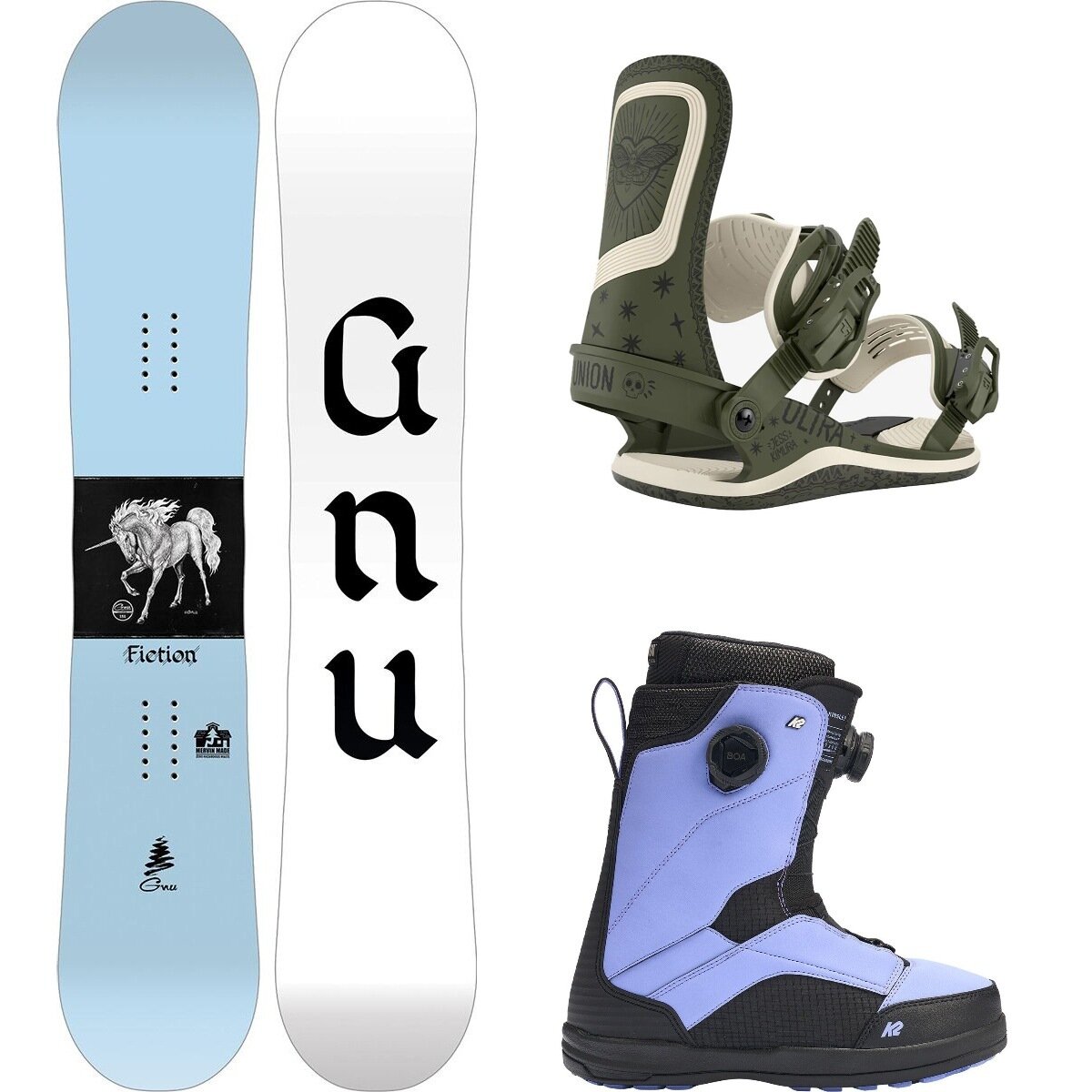 Image of Gnu Fiction Snowboard + Ultra Binding + Kinsley BOA Boot One Color, Jess Kimura, Black/Lilac, 148cm, L, 7.5