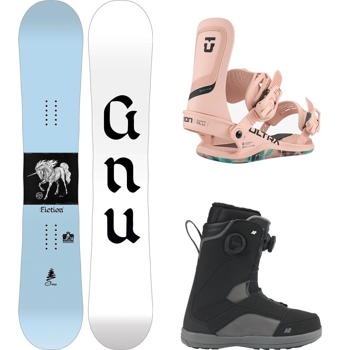 Image of Gnu Fiction Snowboard + Ultra Binding + Kinsley BOA Boot One Color, Pink, Black, 148cm, M, 6.5