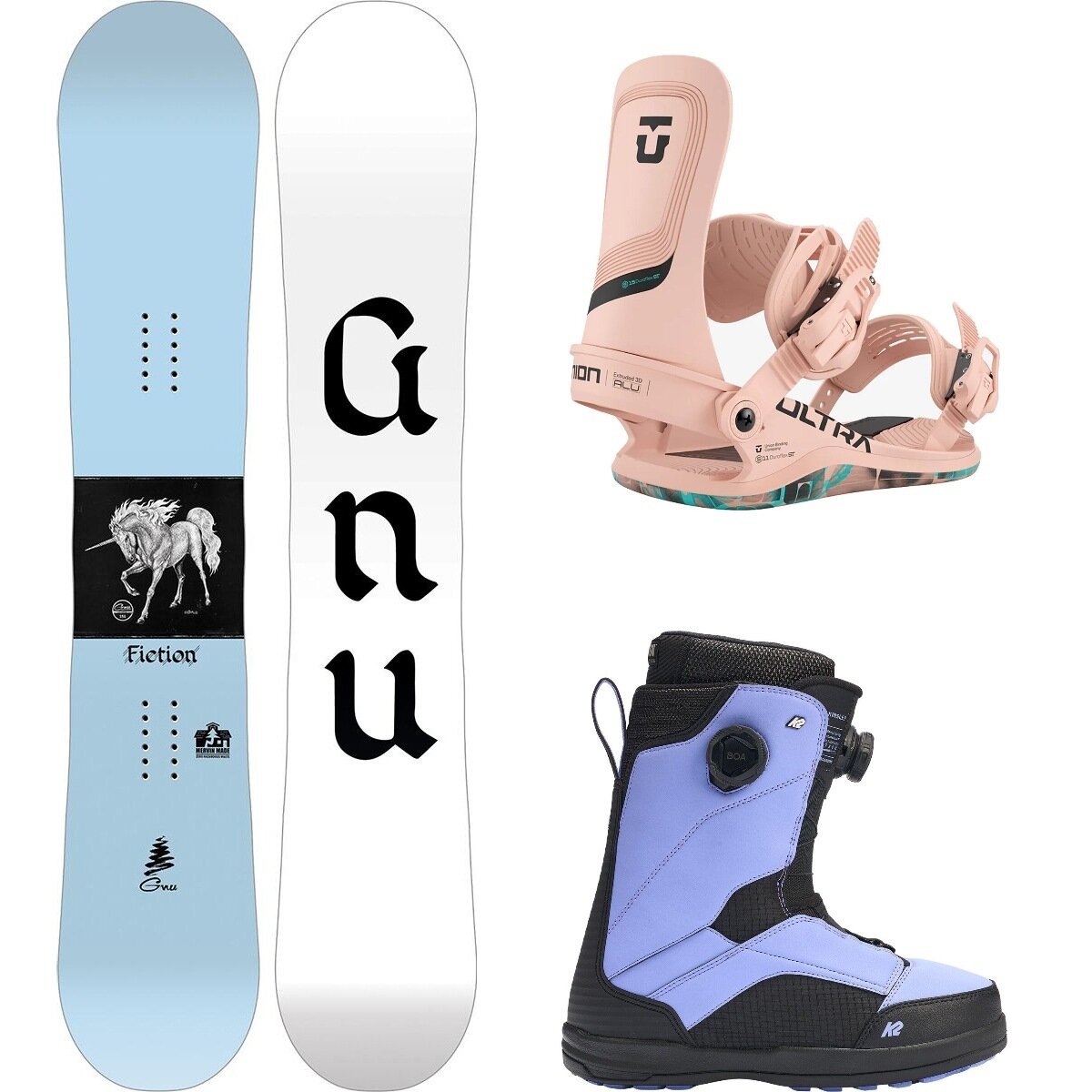 Image of Gnu Fiction Snowboard + Ultra Binding + Kinsley BOA Boot One Color, Pink, Black/Lilac, 145cm, M, 7.0