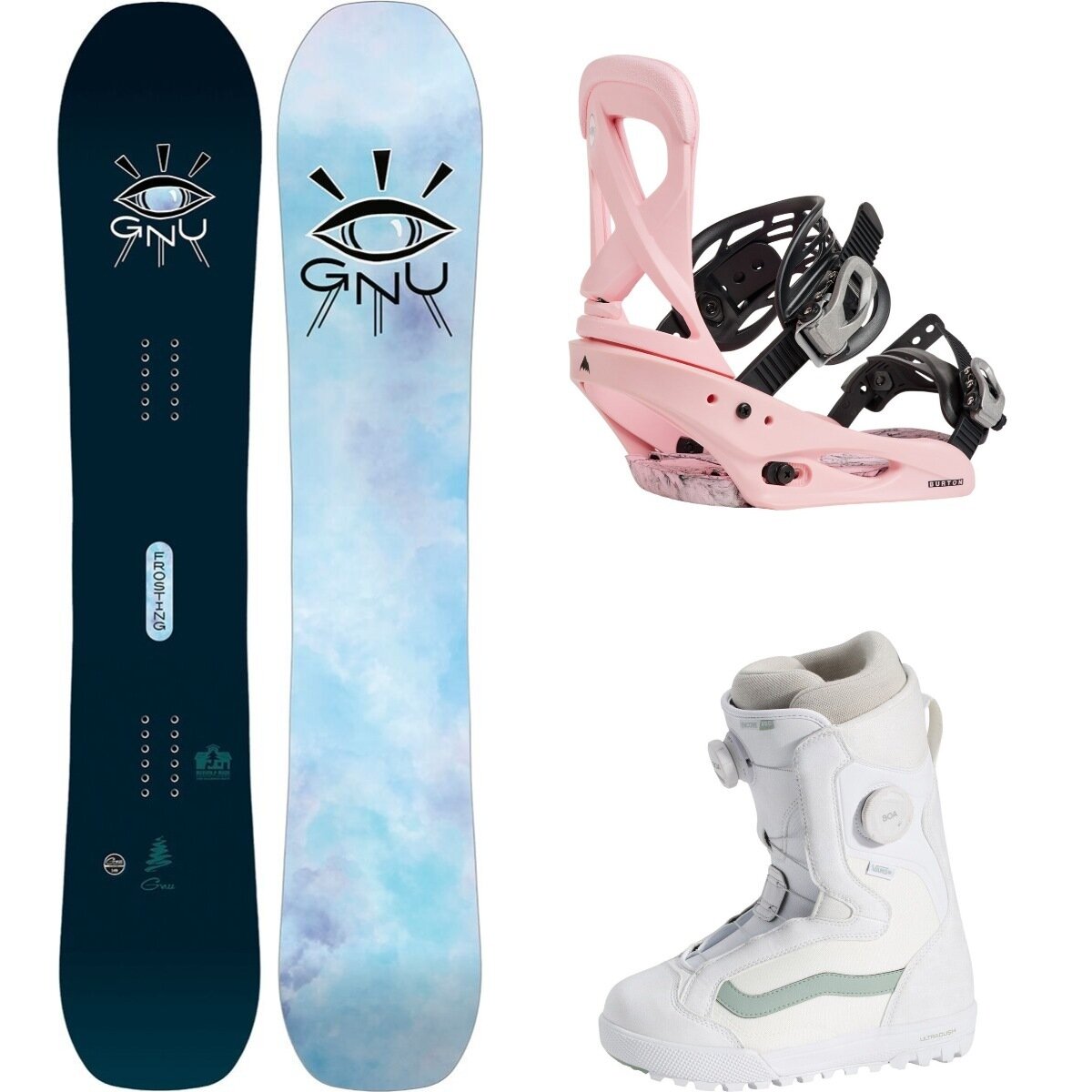 Image of Gnu Frosting Snowboard + Scribe Re:Flex Binding + Lotus Boot One Color, Pink, 30th Anniv. White, 152cm, L, 9.0