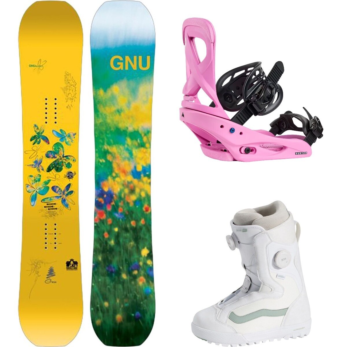 Image of Gnu Gloss C Snowboard + Scribe Re:Flex Binding + Encore Pro Boot One Color, Fuchsia Pink, 30thAnnWhite, 136cm, L, 9.0