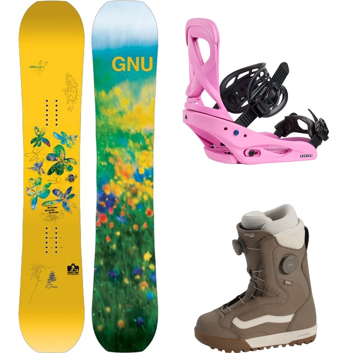 Image of Gnu Gloss C Snowboard + Scribe Re:Flex Binding + Encore Pro Boot One Color, Fuchsia Pink, Walnut, 140cm, L, 10.0