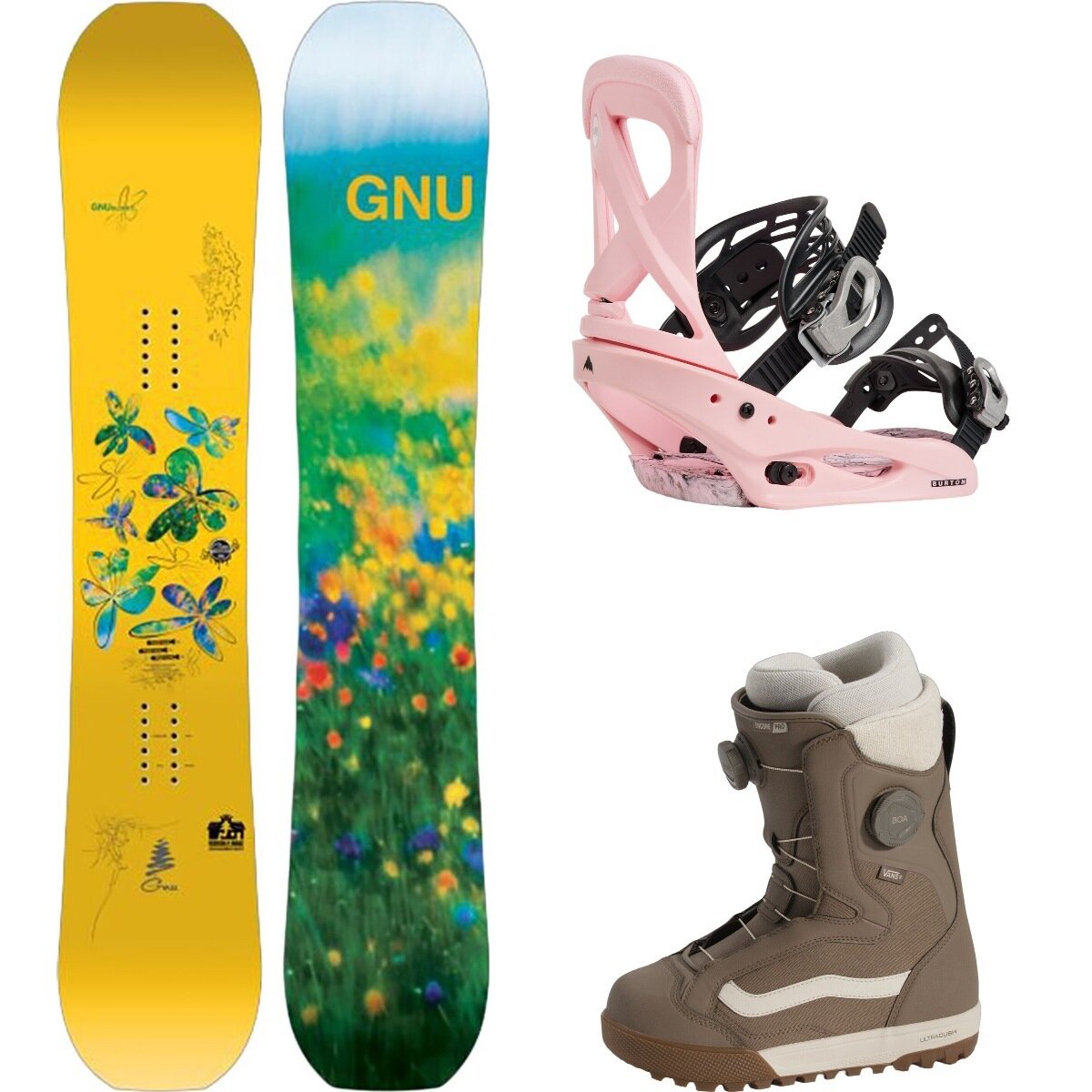 Image of Gnu Gloss C Snowboard + Scribe Re:Flex Binding + Encore Pro Boot One Color, Pink, Walnut, 148cm, L, 10.0