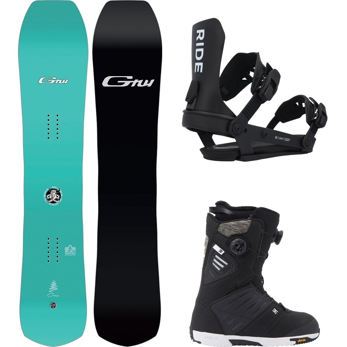Image of Gnu Gremlin Snowboard + Lightning Supermatic Binding + Judge One Color, Black, Black/White, 158cm, M, 10.0