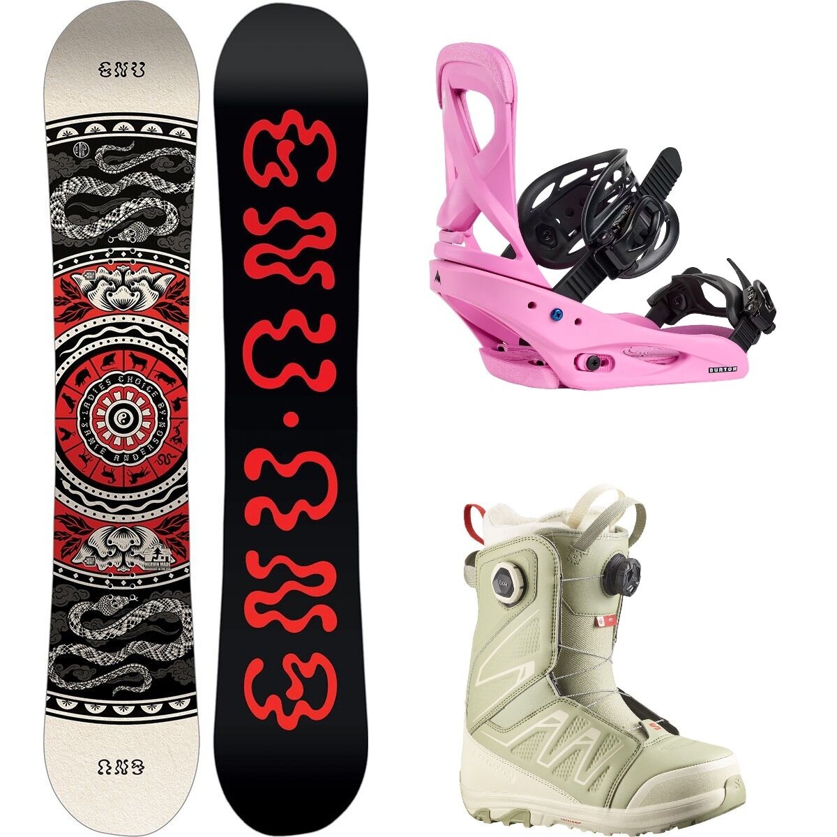 Image of Gnu Ladies Choice Snowboard + Scribe Re:Flex Binding + Ivy Boot One Color, FuchsiaPink, Tea/AlmondMilk, 153.5cm, L, 26.5