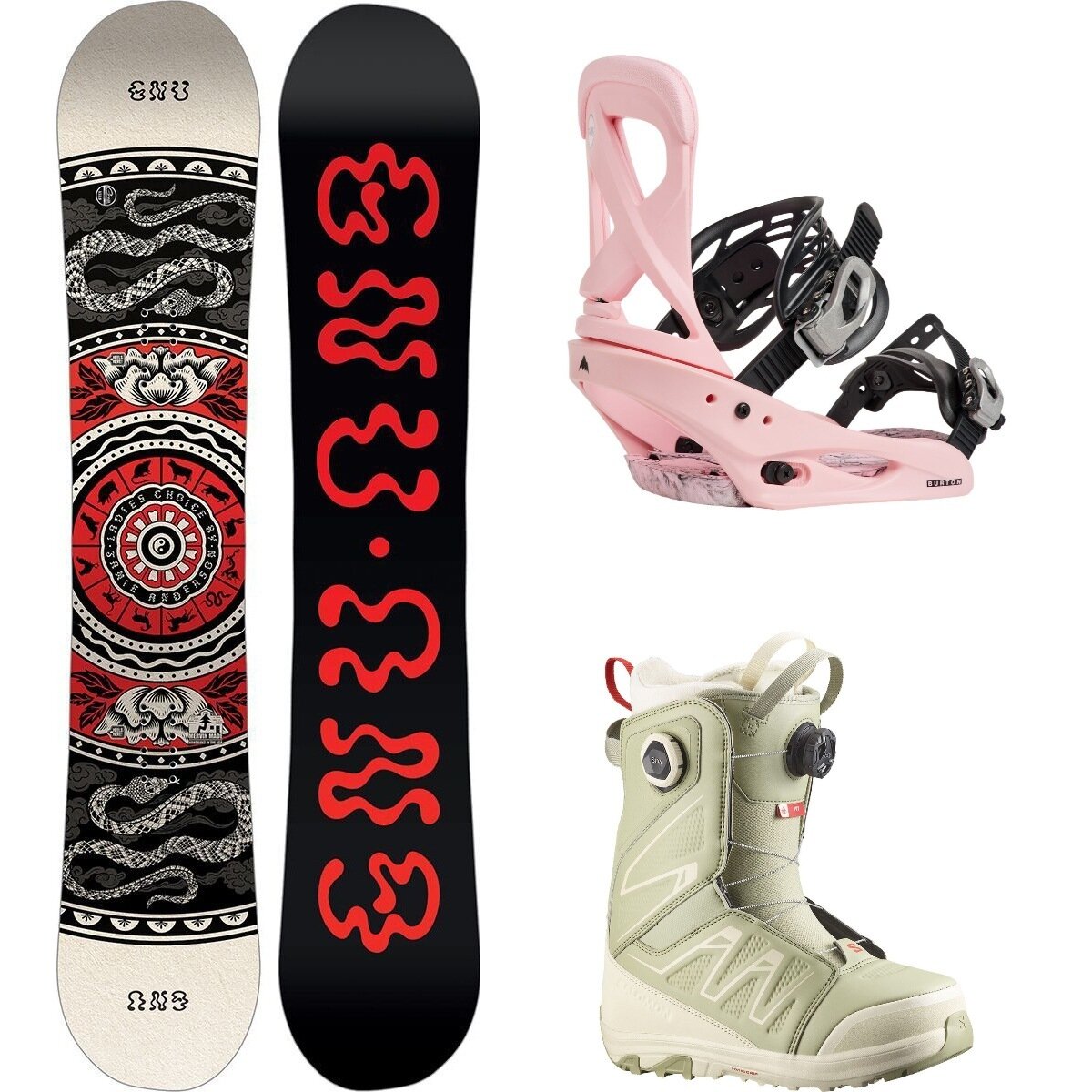 Image of Gnu Ladies Choice Snowboard + Scribe Re:Flex Binding + Ivy Boot One Color, Pink, Tea/Almond Milk, 153.5cm, M, 25.0